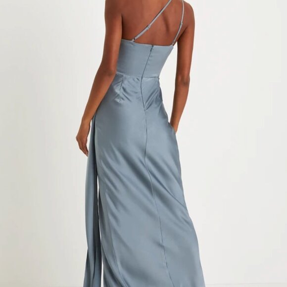 Lulus Signature Elegance Slate Blue Satin One-shoulder Maxi Dress - Size S - Picture 2 of 4